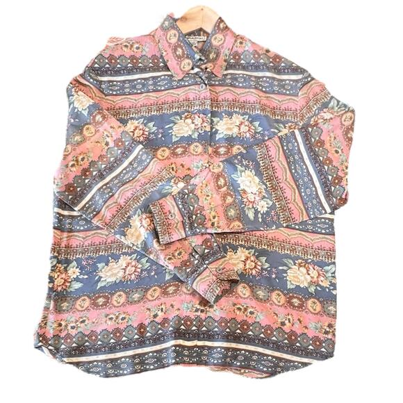 Nora Noh Silk Pastel Floral Stripe Shirt Top Blouse Size Small Cottage Preppy - Picture 4 of 5